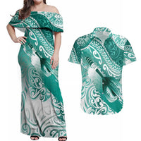 Personalised New Zealand Aotearoa Darts Masters Couples Matching Off Shoulder Maxi Dress and Hawaiian Shirt Maori Art Tattoo with Tribal Dart Symbol Teal Color LT03 Teal - Polynesian Pride