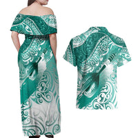 Personalised New Zealand Aotearoa Darts Masters Couples Matching Off Shoulder Maxi Dress and Hawaiian Shirt Maori Art Tattoo with Tribal Dart Symbol Teal Color LT03 - Polynesian Pride