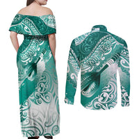 Personalised New Zealand Aotearoa Darts Masters Couples Matching Off Shoulder Maxi Dress and Long Sleeve Button Shirt Maori Art Tattoo with Tribal Dart Symbol Teal Color LT03 - Polynesian Pride