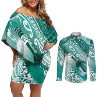 Personalised New Zealand Aotearoa Darts Masters Couples Matching Off Shoulder Short Dress and Long Sleeve Button Shirt Maori Art Tattoo with Tribal Dart Symbol Teal Color LT03 Teal - Polynesian Pride