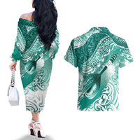 Personalised New Zealand Aotearoa Darts Masters Couples Matching Off The Shoulder Long Sleeve Dress and Hawaiian Shirt Maori Art Tattoo with Tribal Dart Symbol Teal Color LT03 - Polynesian Pride