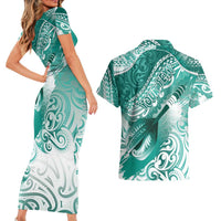 Personalised New Zealand Aotearoa Darts Masters Couples Matching Short Sleeve Bodycon Dress and Hawaiian Shirt Maori Art Tattoo with Tribal Dart Symbol Teal Color LT03 - Polynesian Pride