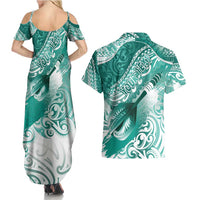 Personalised New Zealand Aotearoa Darts Masters Couples Matching Summer Maxi Dress and Hawaiian Shirt Maori Art Tattoo with Tribal Dart Symbol Teal Color LT03 - Polynesian Pride
