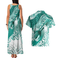 Personalised New Zealand Aotearoa Darts Masters Couples Matching Tank Maxi Dress and Hawaiian Shirt Maori Art Tattoo with Tribal Dart Symbol Teal Color LT03 - Polynesian Pride