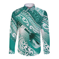 Personalised New Zealand Aotearoa Darts Masters Long Sleeve Button Shirt Maori Art Tattoo with Tribal Dart Symbol Teal Color LT03 Unisex Teal - Polynesian Pride