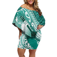 Personalised New Zealand Aotearoa Darts Masters Off Shoulder Short Dress Maori Art Tattoo with Tribal Dart Symbol Teal Color LT03 Women Teal - Polynesian Pride