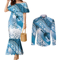 Personalised New Zealand Aotearoa Darts Masters Couples Matching Mermaid Dress and Long Sleeve Button Shirt Maori Art Tattoo with Tribal Dart Symbol Blue LT03 Blue - Polynesian Pride