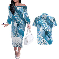 Personalised New Zealand Aotearoa Darts Masters Couples Matching Off The Shoulder Long Sleeve Dress and Hawaiian Shirt Maori Art Tattoo with Tribal Dart Symbol Blue LT03 Blue - Polynesian Pride