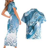 Personalised New Zealand Aotearoa Darts Masters Couples Matching Short Sleeve Bodycon Dress and Hawaiian Shirt Maori Art Tattoo with Tribal Dart Symbol Blue LT03 - Polynesian Pride