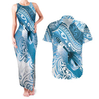 Personalised New Zealand Aotearoa Darts Masters Couples Matching Tank Maxi Dress and Hawaiian Shirt Maori Art Tattoo with Tribal Dart Symbol Blue LT03 Blue - Polynesian Pride