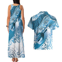Personalised New Zealand Aotearoa Darts Masters Couples Matching Tank Maxi Dress and Hawaiian Shirt Maori Art Tattoo with Tribal Dart Symbol Blue LT03 - Polynesian Pride