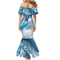 Personalised New Zealand Aotearoa Darts Masters Family Matching Mermaid Dress and Hawaiian Shirt Maori Art Tattoo with Tribal Dart Symbol Blue LT03 - Polynesian Pride