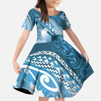 Personalised New Zealand Aotearoa Darts Masters Family Matching Off Shoulder Maxi Dress and Hawaiian Shirt Maori Art Tattoo with Tribal Dart Symbol Blue LT03 Daughter's Dress Blue - Polynesian Pride