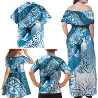Personalised New Zealand Aotearoa Darts Masters Family Matching Off Shoulder Maxi Dress and Hawaiian Shirt Maori Art Tattoo with Tribal Dart Symbol Blue LT03 - Polynesian Pride
