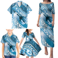 Personalised New Zealand Aotearoa Darts Masters Family Matching Puletasi and Hawaiian Shirt Maori Art Tattoo with Tribal Dart Symbol Blue LT03 - Polynesian Pride