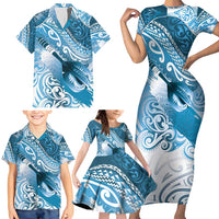 Personalised New Zealand Aotearoa Darts Masters Family Matching Short Sleeve Bodycon Dress and Hawaiian Shirt Maori Art Tattoo with Tribal Dart Symbol Blue LT03 - Polynesian Pride