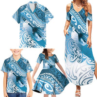 Personalised New Zealand Aotearoa Darts Masters Family Matching Summer Maxi Dress and Hawaiian Shirt Maori Art Tattoo with Tribal Dart Symbol Blue LT03 - Polynesian Pride