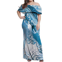 Personalised New Zealand Aotearoa Darts Masters Off Shoulder Maxi Dress Maori Art Tattoo with Tribal Dart Symbol Blue LT03 Women Blue - Polynesian Pride
