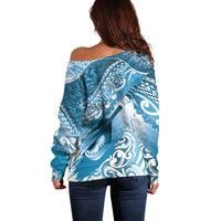 Personalised New Zealand Aotearoa Darts Masters Off Shoulder Sweater Maori Art Tattoo with Tribal Dart Symbol Blue LT03 - Polynesian Pride
