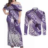 Personalised New Zealand Aotearoa Darts Masters Couples Matching Off Shoulder Maxi Dress and Long Sleeve Button Shirt Maori Art Tattoo with Tribal Dart Symbol Purple LT03 Purple - Polynesian Pride