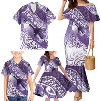 Personalised New Zealand Aotearoa Darts Masters Family Matching Mermaid Dress and Hawaiian Shirt Maori Art Tattoo with Tribal Dart Symbol Purple LT03 - Polynesian Pride