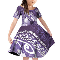 Personalised New Zealand Aotearoa Darts Masters Family Matching Off Shoulder Short Dress and Hawaiian Shirt Maori Art Tattoo with Tribal Dart Symbol Purple LT03 Daughter's Dress Purple - Polynesian Pride