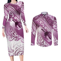 Personalised New Zealand Aotearoa Darts Masters Couples Matching Long Sleeve Bodycon Dress and Long Sleeve Button Shirt Maori Art Tattoo with Tribal Dart Symbol Pink LT03 Pink - Polynesian Pride