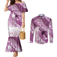 Personalised New Zealand Aotearoa Darts Masters Couples Matching Mermaid Dress and Long Sleeve Button Shirt Maori Art Tattoo with Tribal Dart Symbol Pink LT03 Pink - Polynesian Pride