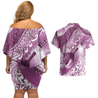 Personalised New Zealand Aotearoa Darts Masters Couples Matching Off Shoulder Short Dress and Hawaiian Shirt Maori Art Tattoo with Tribal Dart Symbol Pink LT03 - Polynesian Pride