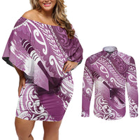 Personalised New Zealand Aotearoa Darts Masters Couples Matching Off Shoulder Short Dress and Long Sleeve Button Shirt Maori Art Tattoo with Tribal Dart Symbol Pink LT03 Pink - Polynesian Pride