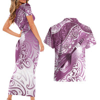 Personalised New Zealand Aotearoa Darts Masters Couples Matching Short Sleeve Bodycon Dress and Hawaiian Shirt Maori Art Tattoo with Tribal Dart Symbol Pink LT03 - Polynesian Pride