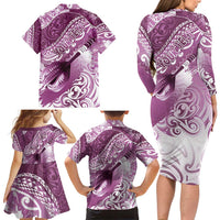 Personalised New Zealand Aotearoa Darts Masters Family Matching Long Sleeve Bodycon Dress and Hawaiian Shirt Maori Art Tattoo with Tribal Dart Symbol Pink LT03 - Polynesian Pride