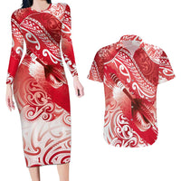 Personalised New Zealand Aotearoa Darts Masters Couples Matching Long Sleeve Bodycon Dress and Hawaiian Shirt Maori Art Tattoo with Tribal Dart Symbol Red LT03 Red - Polynesian Pride