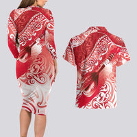 Personalised New Zealand Aotearoa Darts Masters Couples Matching Long Sleeve Bodycon Dress and Hawaiian Shirt Maori Art Tattoo with Tribal Dart Symbol Red LT03 - Polynesian Pride