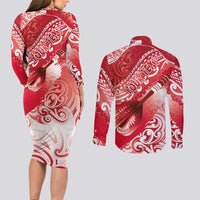 Personalised New Zealand Aotearoa Darts Masters Couples Matching Long Sleeve Bodycon Dress and Long Sleeve Button Shirt Maori Art Tattoo with Tribal Dart Symbol Red LT03 - Polynesian Pride