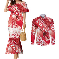 Personalised New Zealand Aotearoa Darts Masters Couples Matching Mermaid Dress and Long Sleeve Button Shirt Maori Art Tattoo with Tribal Dart Symbol Red LT03 Red - Polynesian Pride