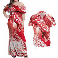Personalised New Zealand Aotearoa Darts Masters Couples Matching Off Shoulder Maxi Dress and Hawaiian Shirt Maori Art Tattoo with Tribal Dart Symbol Red LT03 Red - Polynesian Pride