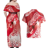 Personalised New Zealand Aotearoa Darts Masters Couples Matching Off Shoulder Maxi Dress and Hawaiian Shirt Maori Art Tattoo with Tribal Dart Symbol Red LT03 - Polynesian Pride