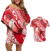 Personalised New Zealand Aotearoa Darts Masters Couples Matching Off Shoulder Short Dress and Hawaiian Shirt Maori Art Tattoo with Tribal Dart Symbol Red LT03 Red - Polynesian Pride
