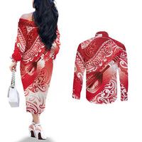 Personalised New Zealand Aotearoa Darts Masters Couples Matching Off The Shoulder Long Sleeve Dress and Long Sleeve Button Shirt Maori Art Tattoo with Tribal Dart Symbol Red LT03 - Polynesian Pride