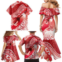 Personalised New Zealand Aotearoa Darts Masters Family Matching Mermaid Dress and Hawaiian Shirt Maori Art Tattoo with Tribal Dart Symbol Red LT03 - Polynesian Pride