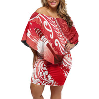 Personalised New Zealand Aotearoa Darts Masters Family Matching Off Shoulder Short Dress and Hawaiian Shirt Maori Art Tattoo with Tribal Dart Symbol Red LT03 Mom's Dress Red - Polynesian Pride
