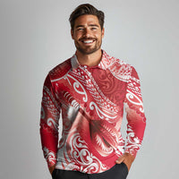 Personalised New Zealand Aotearoa Darts Masters Long Sleeve Polo Shirt Maori Art Tattoo with Tribal Dart Symbol Red LT03 - Polynesian Pride