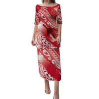 Personalised New Zealand Aotearoa Darts Masters Puletasi Maori Art Tattoo with Tribal Dart Symbol Red LT03 Long Dress Red - Polynesian Pride