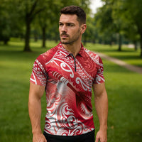Personalised New Zealand Aotearoa Darts Masters Zipper Polo Shirt Maori Art Tattoo with Tribal Dart Symbol Red LT03 - Polynesian Pride