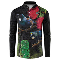 New Zealand Tui Button Sweatshirt Guardians of the Hei Tiki - Maori Art and Plants LT03 Black - Polynesian Pride