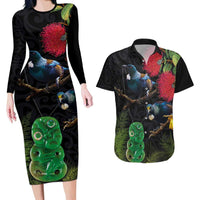 New Zealand Tui Couples Matching Long Sleeve Bodycon Dress and Hawaiian Shirt Guardians of the Hei Tiki - Maori Art and Plants LT03 Black - Polynesian Pride