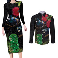 New Zealand Tui Couples Matching Long Sleeve Bodycon Dress and Long Sleeve Button Shirt Guardians of the Hei Tiki - Maori Art and Plants LT03 Black - Polynesian Pride