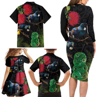 New Zealand Tui Family Matching Long Sleeve Bodycon Dress and Hawaiian Shirt Guardians of the Hei Tiki - Maori Art and Plants LT03 - Polynesian Pride