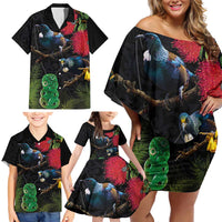 New Zealand Tui Family Matching Off Shoulder Short Dress and Hawaiian Shirt Guardians of the Hei Tiki - Maori Art and Plants LT03 - Polynesian Pride